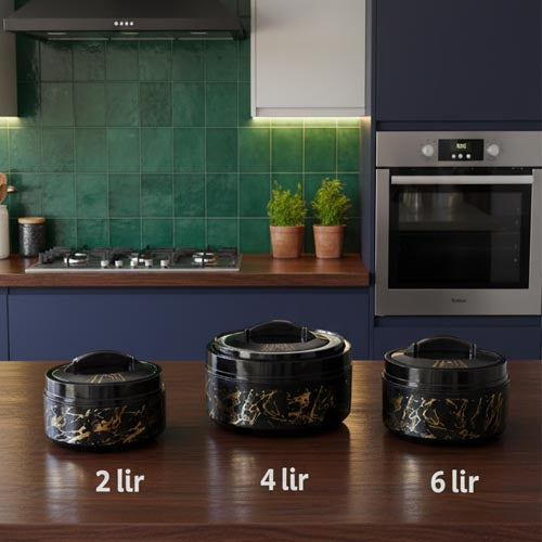 Luxury Black Marble & Gold Insulated Hot Pot Set (2, 4, 6 Liter)