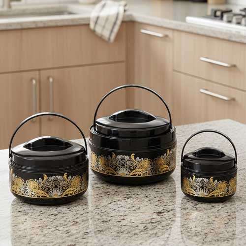 Elegant 3-Piece Black & Gold Floral Thermal Hot Pot Set with Carrying Handles