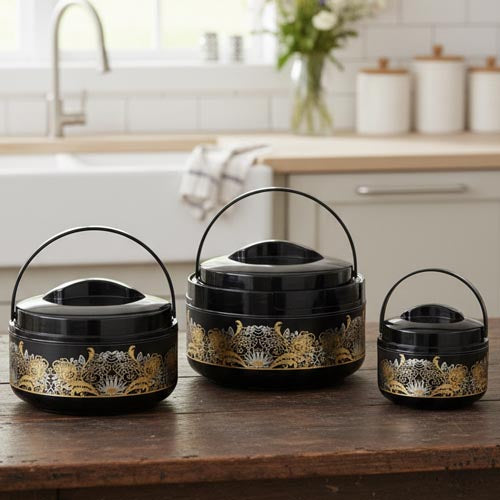 Elegant 3-Piece Black & Gold Floral Thermal Hot Pot Set with Carrying Handles