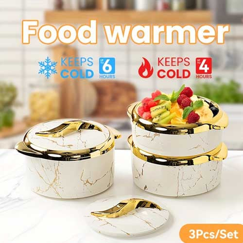 3-Piece Luxury Insulated Hot Pot Set | White Marble & Gold Finish