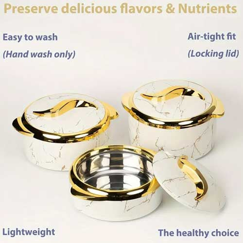 3-Piece Luxury Insulated Hot Pot Set | White Marble & Gold Finish