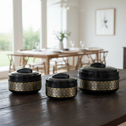 Sleek 3-Piece Black & Gold Thermal Hot Pot Set | 'Zigi' Diamond Design