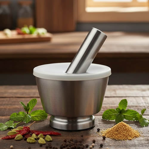 Modern Stainless Steel Mortar and Pestle with Lid | Heavy-Duty Imam Dasta / Haven Dasta for Crushing Spices & Garlic