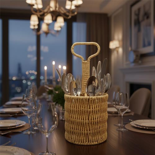 Rustic Woven Rattan/Wicker Cutlery Caddy with Carrying Handle