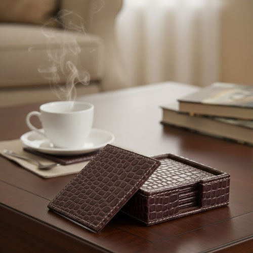 Luxury Artificial Leather Coaster Set (6-Pack) | Square PU Leather Drink Coasters with Storage Holder