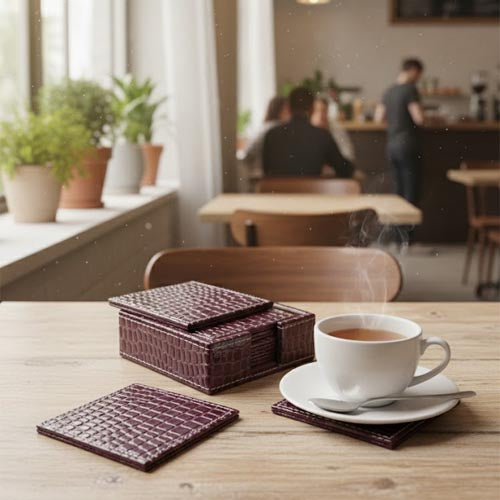 Luxury Artificial Leather Coaster Set (6-Pack) | Square PU Leather Drink Coasters with Storage Holder
