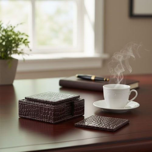 Luxury Artificial Leather Coaster Set (6-Pack) | Square PU Leather Drink Coasters with Storage Holder