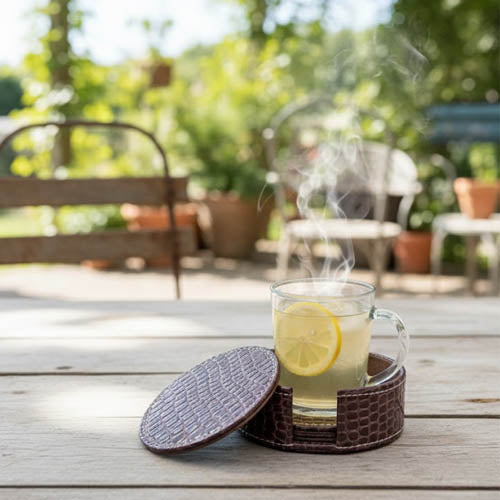 Round PU Leather Coaster Set (6-Pack) | Artificial Leather Drink Coasters with Storage Holder