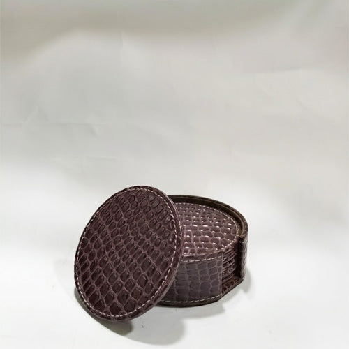 Round PU Leather Coaster Set (6-Pack) | Artificial Leather Drink Coasters with Storage Holder