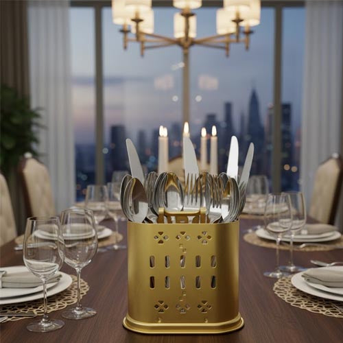 Decorative Metal Cutlery Holder with Heart & Slit Pattern (Gold or Silver)