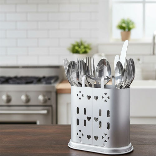 Decorative Metal Cutlery Holder with Heart & Slit Pattern (Gold or Silver)
