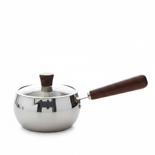 Heavy Stainless Steel Saucepan with Glass Lid | Non-Stick Milk Pan & Butter Warmer | Induction Ready Wood-Effect Handle