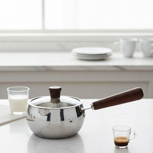 Heavy Stainless Steel Saucepan with Glass Lid | Non-Stick Milk Pan & Butter Warmer | Induction Ready Wood-Effect Handle