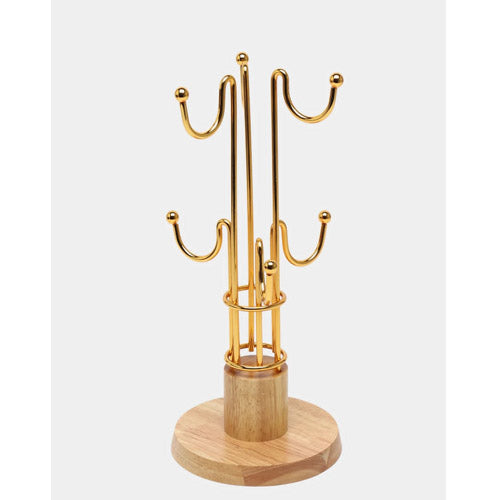 Elegant Gold-Tone Mug Holder / Cup Drying Rack with Wooden Base