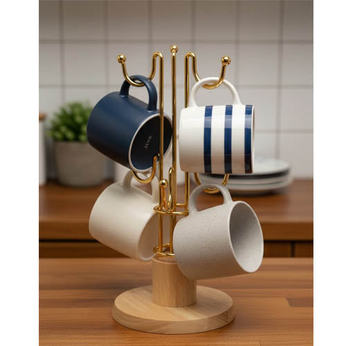 Elegant Gold-Tone Mug Holder / Cup Drying Rack with Wooden Base