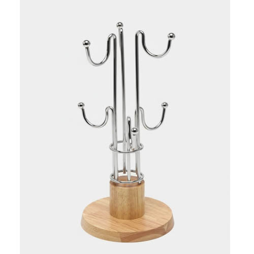 Elegant Gold-Tone Mug Holder / Cup Drying Rack with Wooden Base