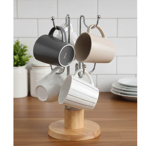 Elegant Gold-Tone Mug Holder / Cup Drying Rack with Wooden Base
