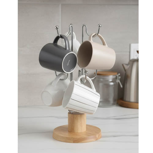Elegant Gold-Tone Mug Holder / Cup Drying Rack with Wooden Base