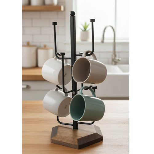 Modern 6-Hook Mug Tree / Coffee Cup Stand - Black Metal with Natural Geometric Wood Base