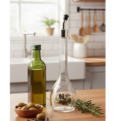 Elegant Glass Olive Oil Dispenser Bottle with Stainless Steel Pour Spout - Tapered Design