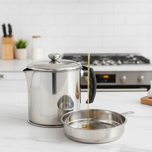 Stainless Steel Oil Filter Jug & Grease Keeper | Large Capacity Cooking Oil Storage Container with Fine Mesh Strainer