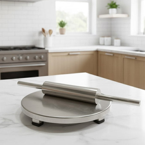 Premium Stainless Steel Chakla Belan Set with Stand | Modern Roti Patla Rolling Pin Kit