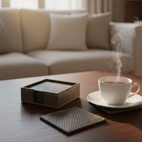 Luxury Artificial Leather Coaster Set (6-Pack) | Square PU Leather Drink Coasters with Storage Holder