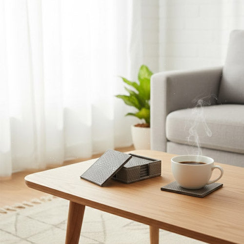 Luxury Artificial Leather Coaster Set (6-Pack) | Square PU Leather Drink Coasters with Storage Holder