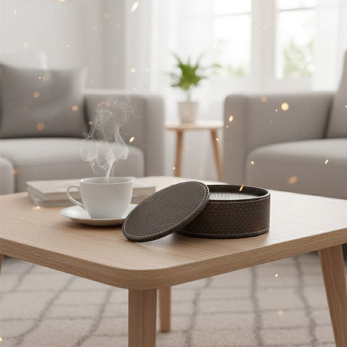 Round PU Leather Coaster Set (6-Pack) | Artificial Leather Drink Coasters with Storage Holder