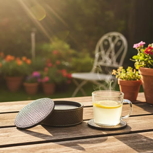 Round PU Leather Coaster Set (6-Pack) | Artificial Leather Drink Coasters with Storage Holder