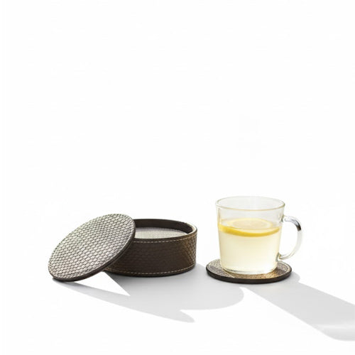 Round PU Leather Coaster Set (6-Pack) | Artificial Leather Drink Coasters with Storage Holder