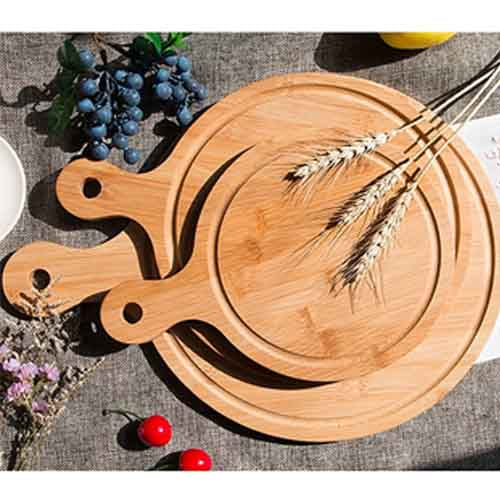 Round Bamboo Wood Pizza Serving Board with Handle | Premium Wooden Paddle Platter