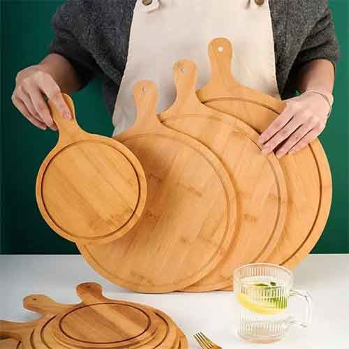 Round Bamboo Wood Pizza Serving Board with Handle | Premium Wooden Paddle Platter