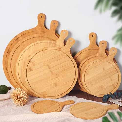 Round Bamboo Wood Pizza Serving Board with Handle | Premium Wooden Paddle Platter