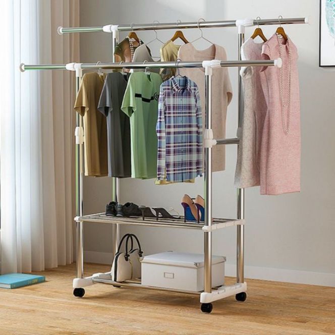Heavy-Duty Double Rail Clothes Rack on Wheels - Adjustable Steel Garment Organizer with Bottom Shelf