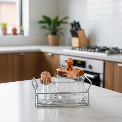 Luxury 3-Piece Spice & Condiment Set with Rose Gold Copper Accents | Glass Curette and Jar Storage