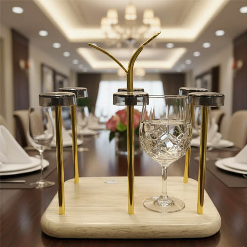 Luxury Wooden Base Glass Holder with Gold Metal Posts | Modern Countertop Glass Drying Rack