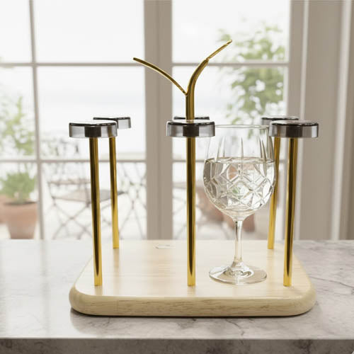 Luxury Wooden Base Glass Holder with Gold Metal Posts | Modern Countertop Glass Drying Rack