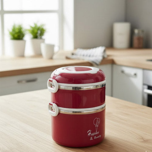 2-Tier Red Insulated Lunch Box | Stackable Thermal Food Container with Clips & Handle