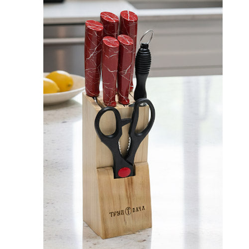 Modern 6-Piece Chef Knife Set with Black Speckled Handles and Natural Wood Block