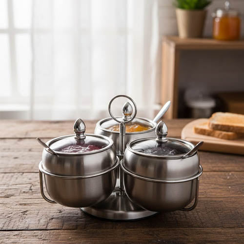 Luxury Revolving Stainless Steel Condiment Server Set | Lazy Susan Spice & Sauce Jars with Spoons | Buffet Serving Caddy