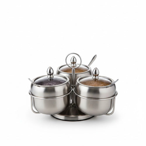 Luxury Revolving Stainless Steel Condiment Server Set | Lazy Susan Spice & Sauce Jars with Spoons | Buffet Serving Caddy