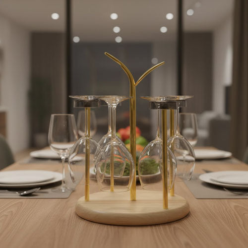 Luxury Wooden Base Glass Holder & Drying Rack | Modern Countertop Stand with Gold Metal Posts