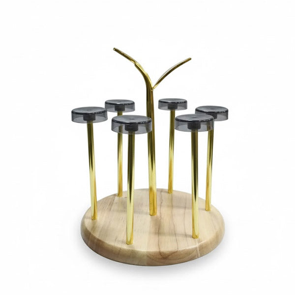 Luxury Wooden Base Glass Holder & Drying Rack | Modern Countertop Stand with Gold Metal Posts