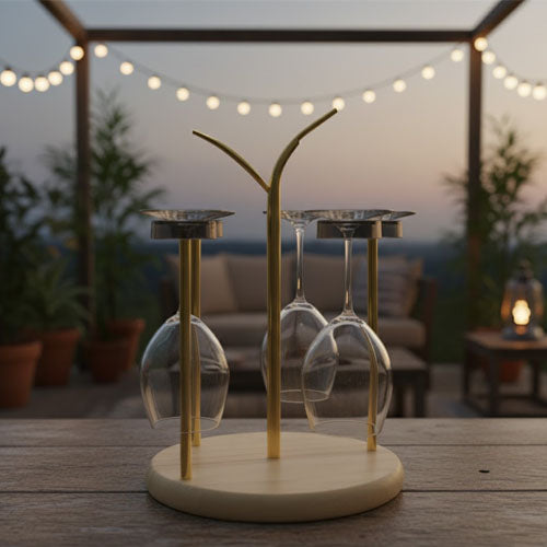 Luxury Wooden Base Glass Holder & Drying Rack | Modern Countertop Stand with Gold Metal Posts