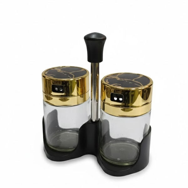 Luxury Salt and Pepper Shaker Set with Stand | Glass Condiment Shakers with Gold Marble Accents