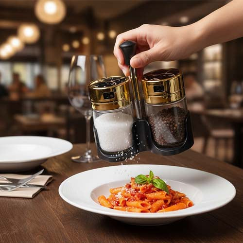 Luxury Salt and Pepper Shaker Set with Stand | Glass Condiment Shakers with Gold Marble Accents