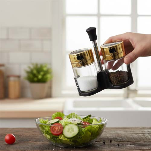 Luxury Salt and Pepper Shaker Set with Stand | Glass Condiment Shakers with Gold Marble Accents