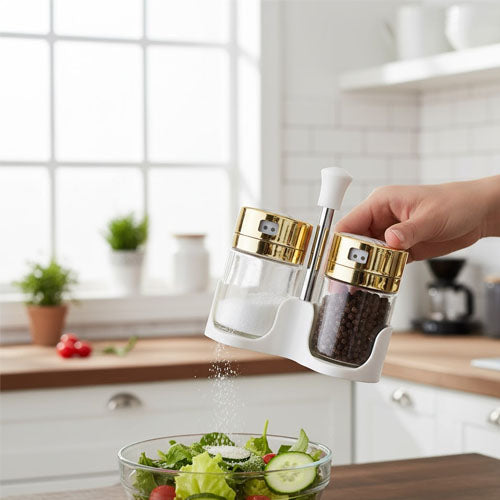 Luxury Salt and Pepper Shaker Set with Stand | Glass Condiment Shakers with Gold Marble Accents