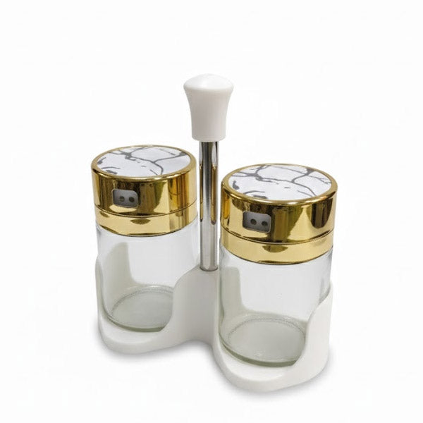 Luxury Salt and Pepper Shaker Set with Stand | Glass Condiment Shakers with Gold Marble Accents
